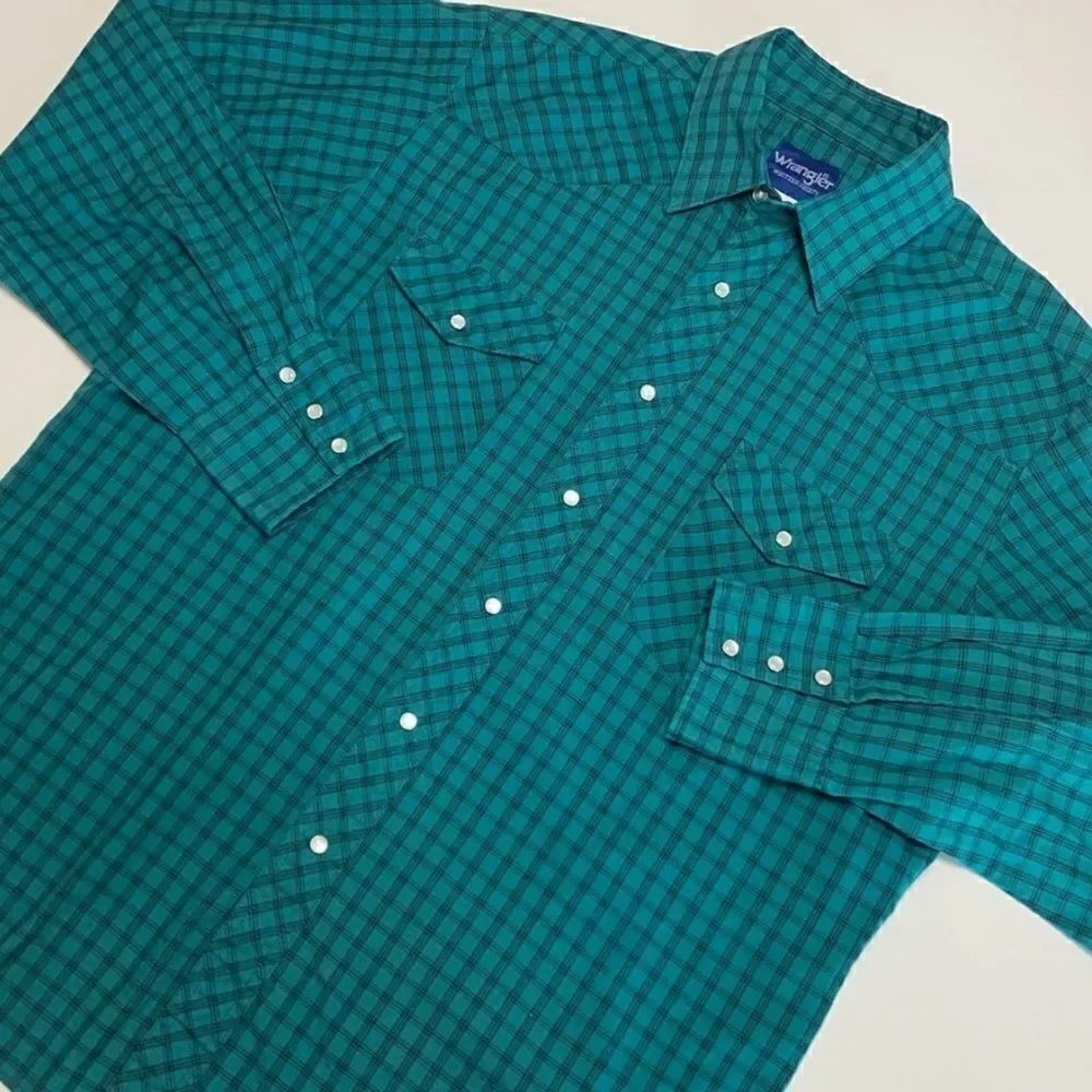 Vintage 1990’s Wrangler Pearl Snap Teal Black Plaid Button Down Western Shirt